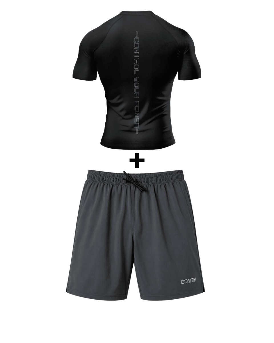 Shadow Run (Black tee + Gray shorts)